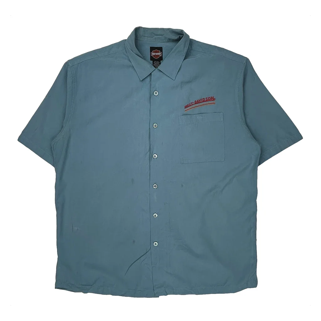 Motorcycles Harley Davidson Graphic Short Sleeve Shirt - XL Blue Silk Blend