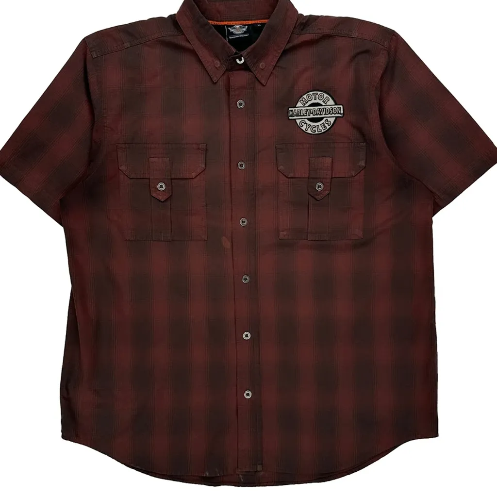 Motorcycles Harley Davidson Checked Short Sleeve Shirt - XL Burgundy Cotton Blend - Image 4