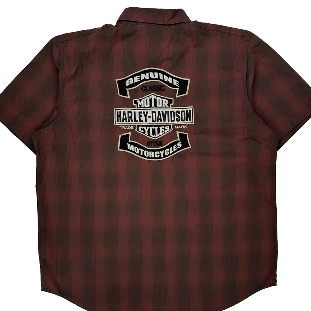 Motorcycles Harley Davidson Checked Short Sleeve Shirt - XL Burgundy Cotton Blend - Image 6