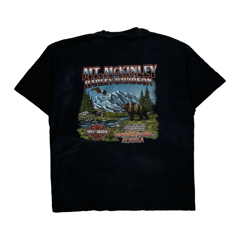 Mt. Mckinley Denali Park Alaska Harley Davidson Graphic T-Shirt - XL Black Cotton - Image 2