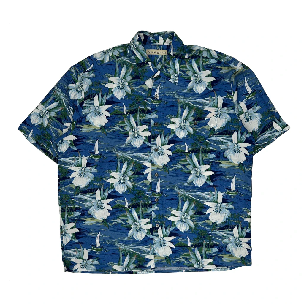 Munsingwear Floral Hawaiian Shirt - Large Blue Viscose