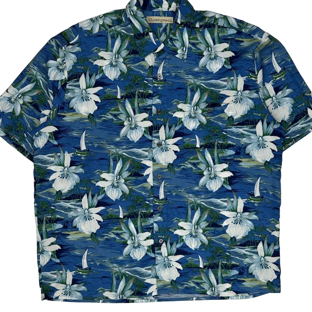 Munsingwear Floral Hawaiian Shirt - Large Blue Viscose - Image 5