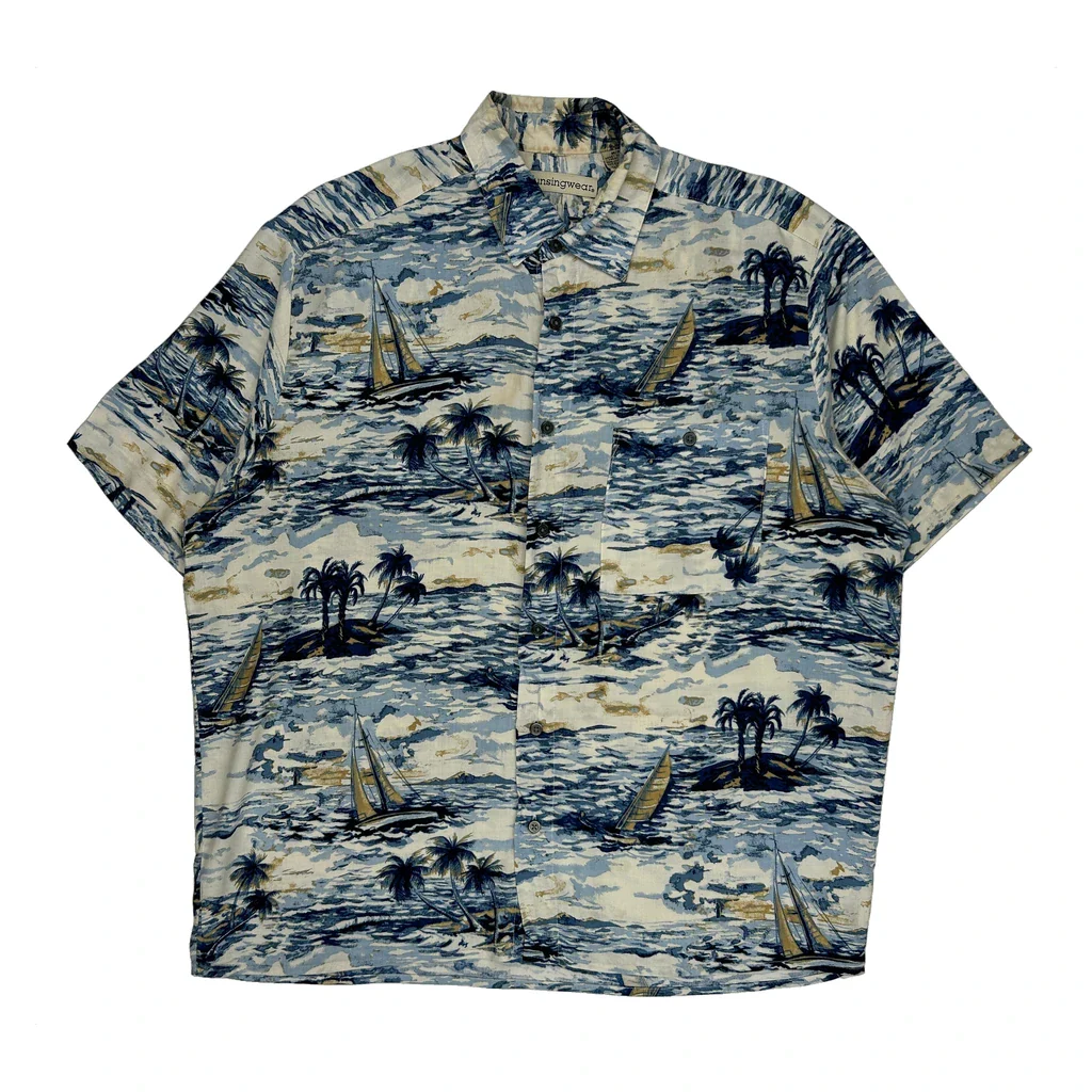Munsingwear Hawaiian Shirt - Medium Blue Cotton