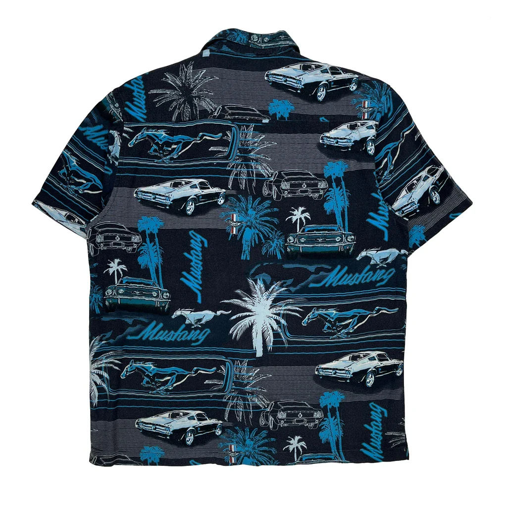Mustang Newport Blue Graphic Hawaiian Shirt - Large Blue Cotton - Image 2