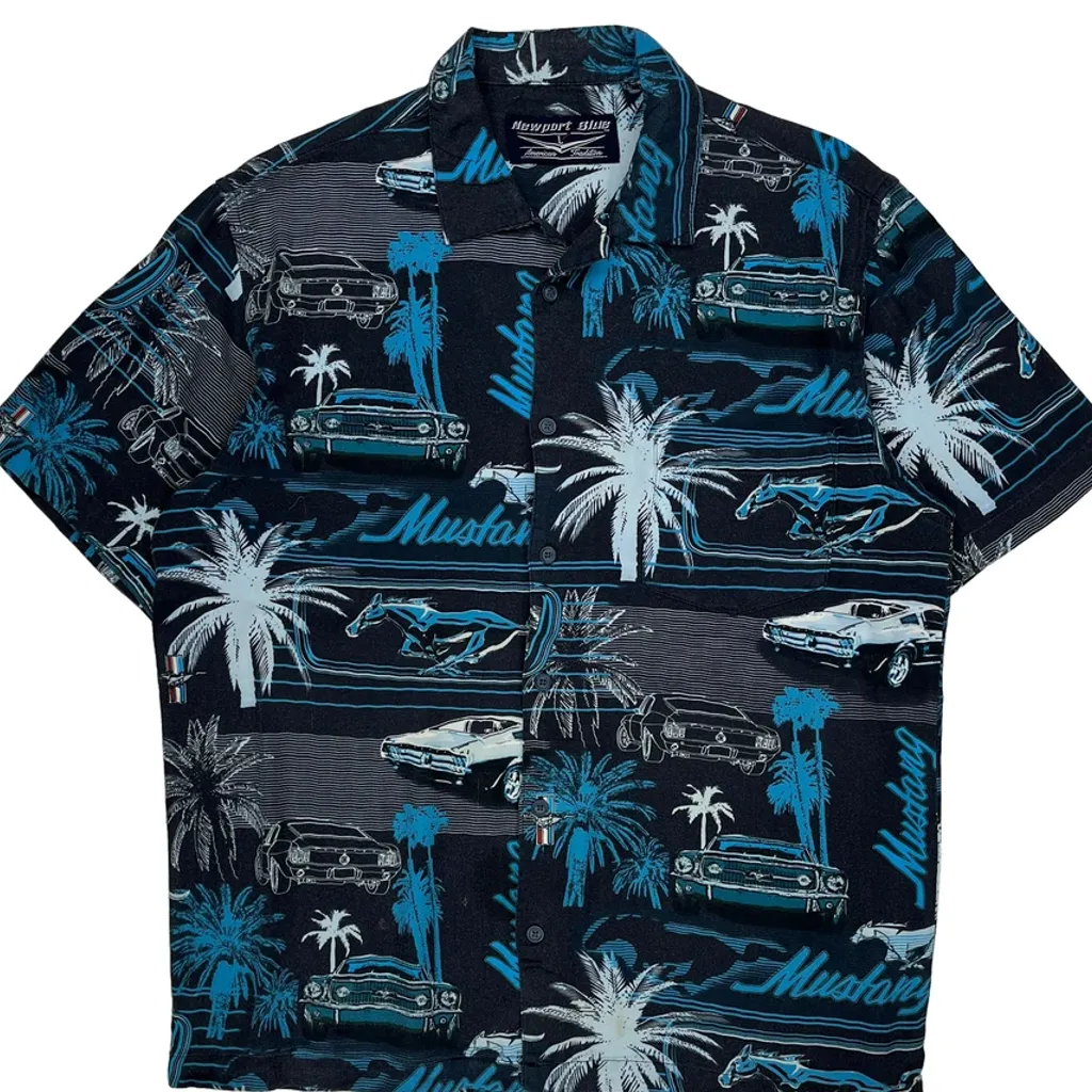 Mustang Newport Blue Graphic Hawaiian Shirt - Large Blue Cotton - Image 4