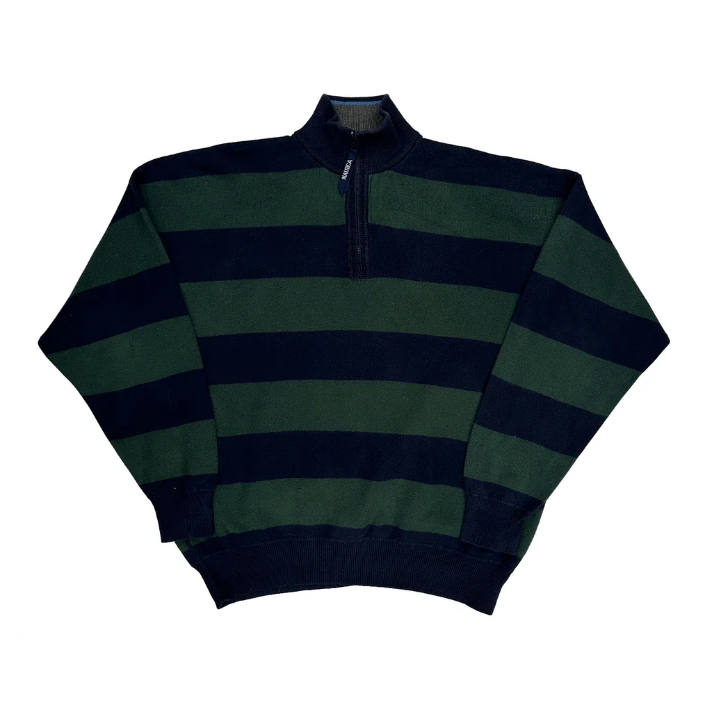 Nautica Striped 1/4 Zip - XL Green Cotton