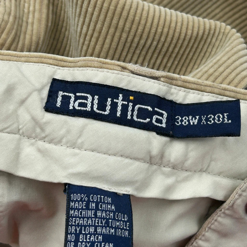 Nautica Pleated Loose Cord Trousers - 35″ Waist Beige Cotton - Image 6