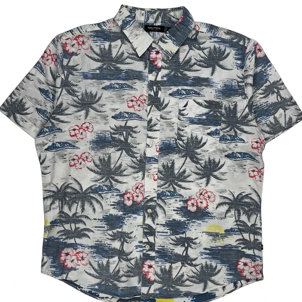 Nautica Floral Hawaiian Shirt - XL Grey Cotton Blend - Image 4