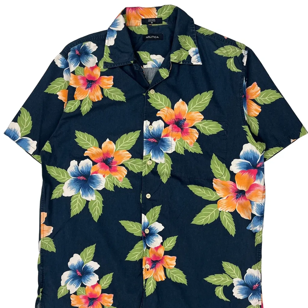 Nautica Floral Hawaiian Shirt - Medium Navy Cotton - Image 4