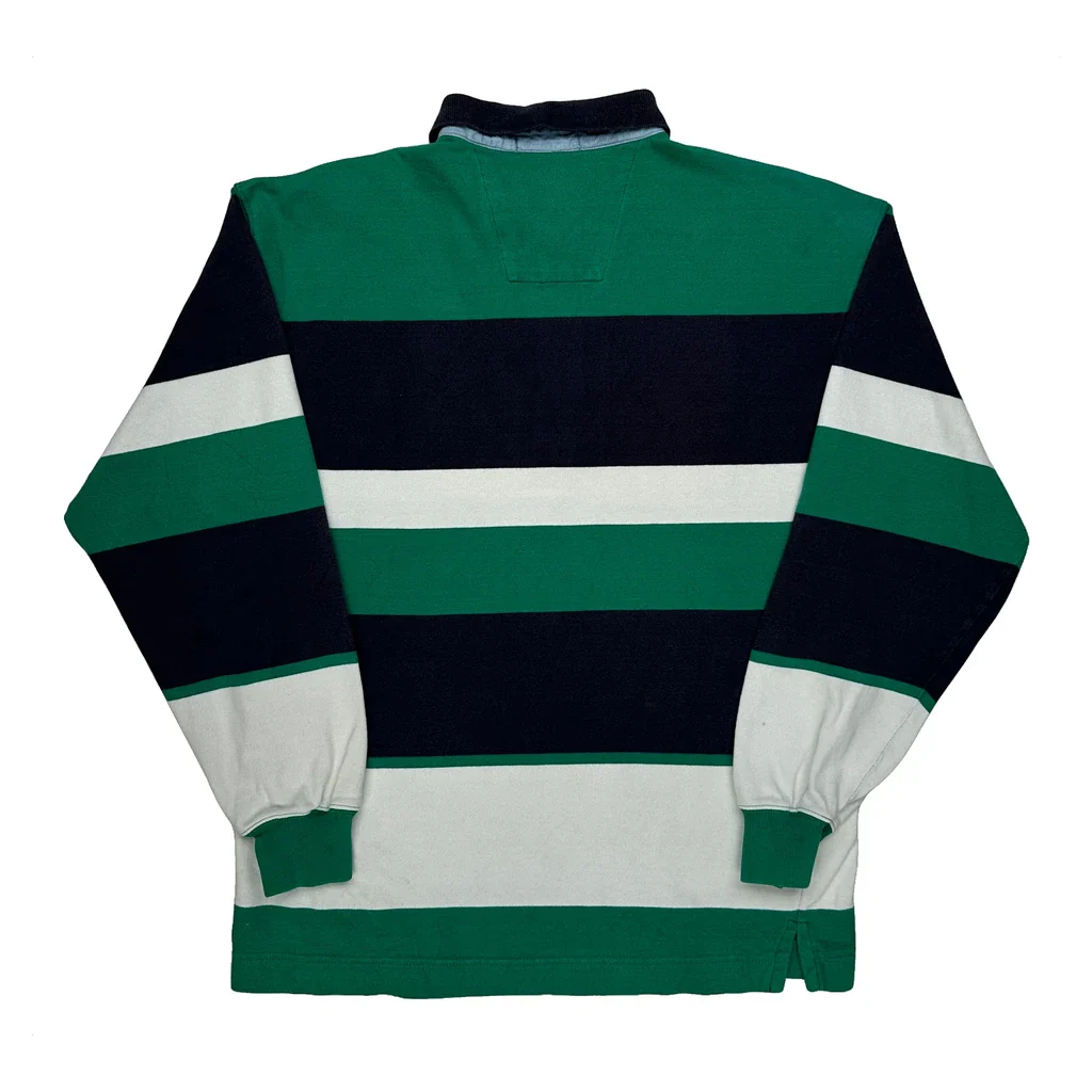 Nautica Striped Long Sleeve Polo Shirt - Medium Green Cotton - Image 2