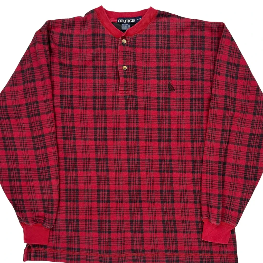 Nautica Checked Long Sleeve T-Shirt - Medium Red Cotton - Image 5