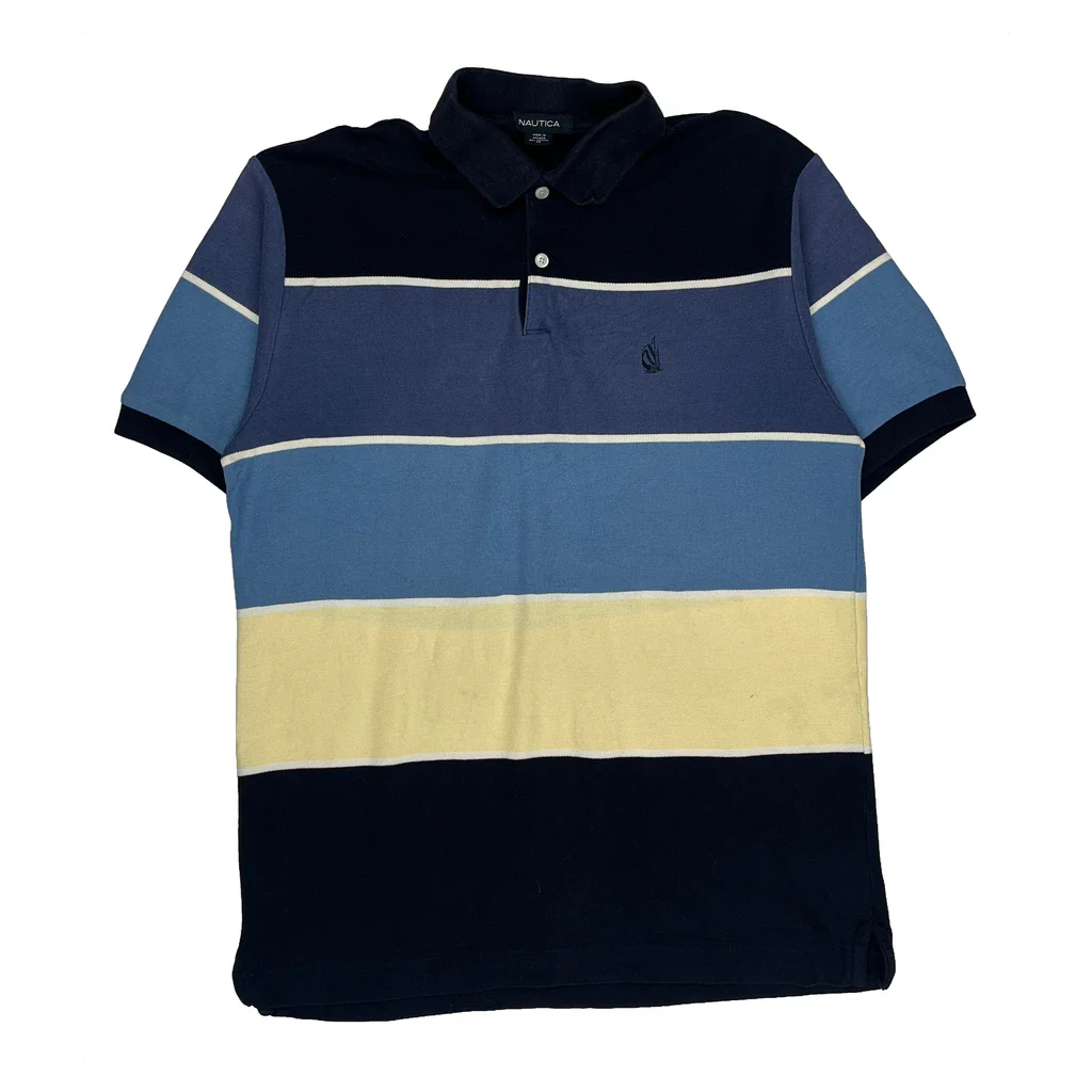 Nautica Striped Polo Shirt - Medium Blue Cotton