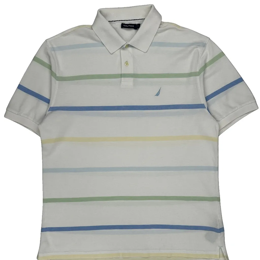 Nautica Striped Polo Shirt - Large White Cotton - Image 5