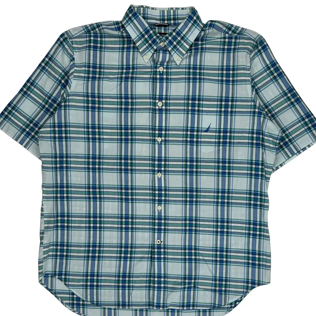 Nautica Checked Short Sleeve Shirt - XL Blue Cotton - Image 4