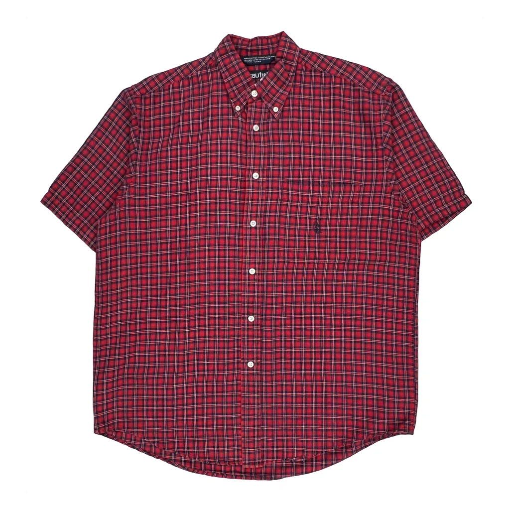 Nautica Checked Short Sleeve Shirt - Medium Red Linen Blend
