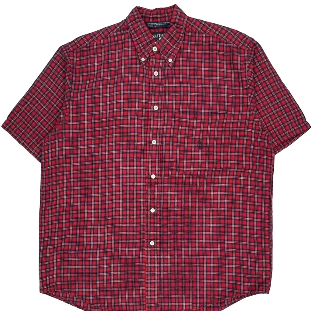 Nautica Checked Short Sleeve Shirt - Medium Red Linen Blend - Image 5