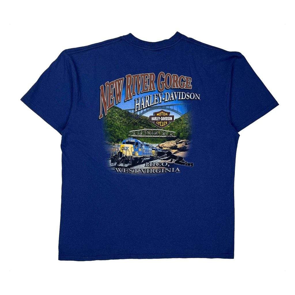 New River Gorge Harley Davidson Graphic T-Shirt - XL Blue Cotton - Image 2