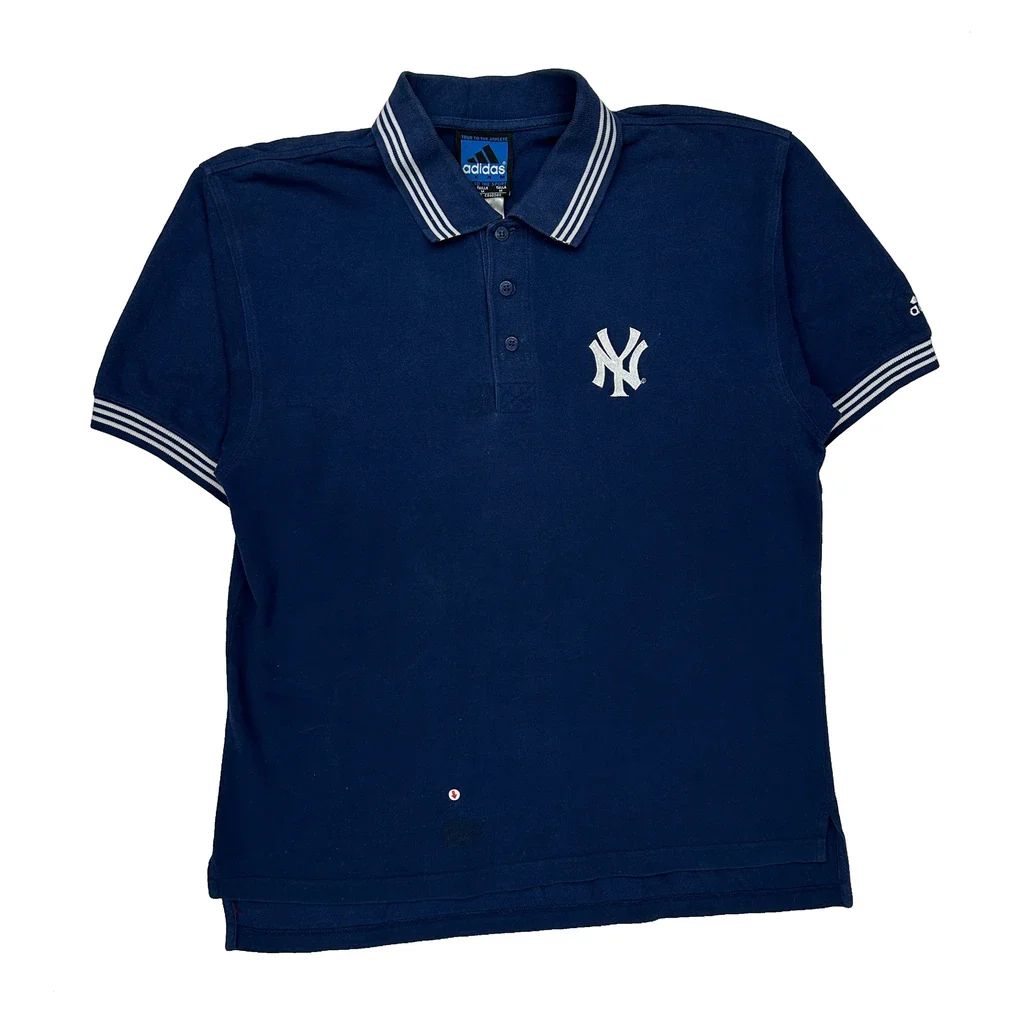 New York Yankees Adidas Mlb Polo Shirt - Medium Blue Cotton - Image 2