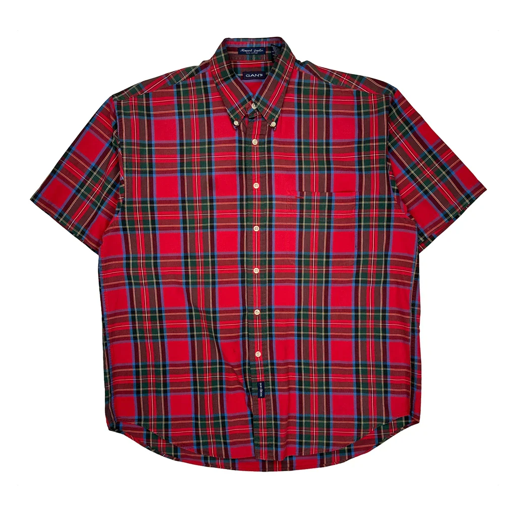 Newport Poplin Gant Checked Short Sleeve Shirt - Large Red Cotton