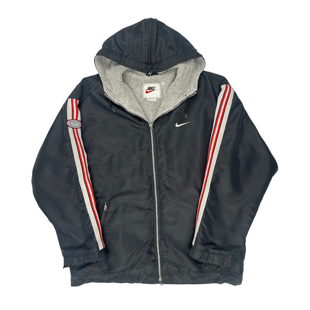 Nike Striped Windbreaker - Large Black Polyester