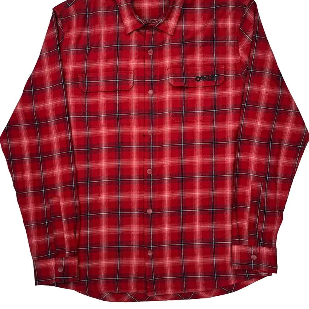 Oakley Checked Flannel Shirt - Large Red Polyester - Image 4