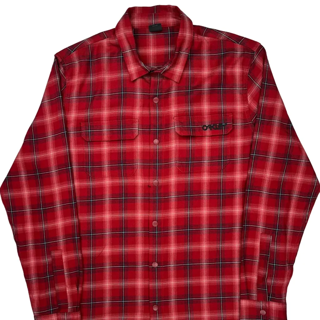 Oakley Checked Flannel Shirt - Large Red Polyester - Image 5