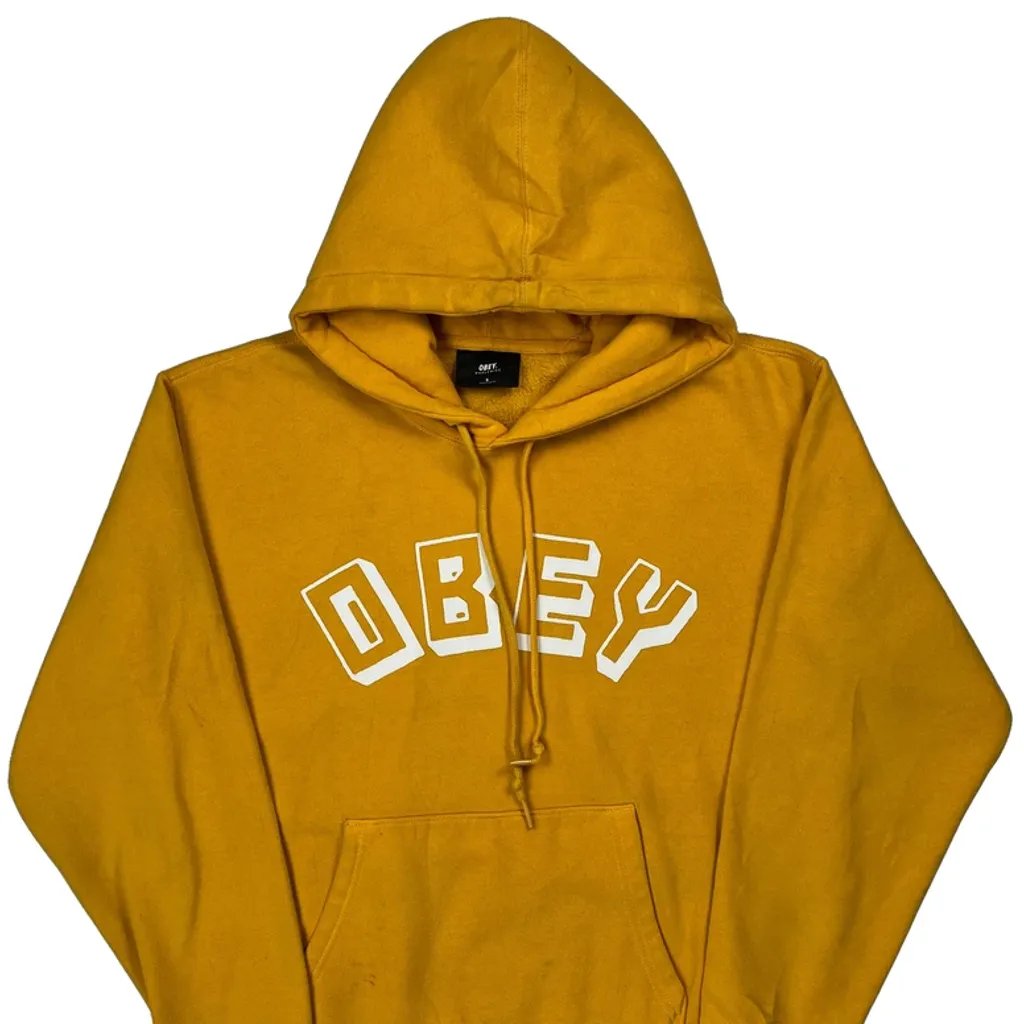 Obey Spellout Hoodie - Small Yellow Cotton - Image 5
