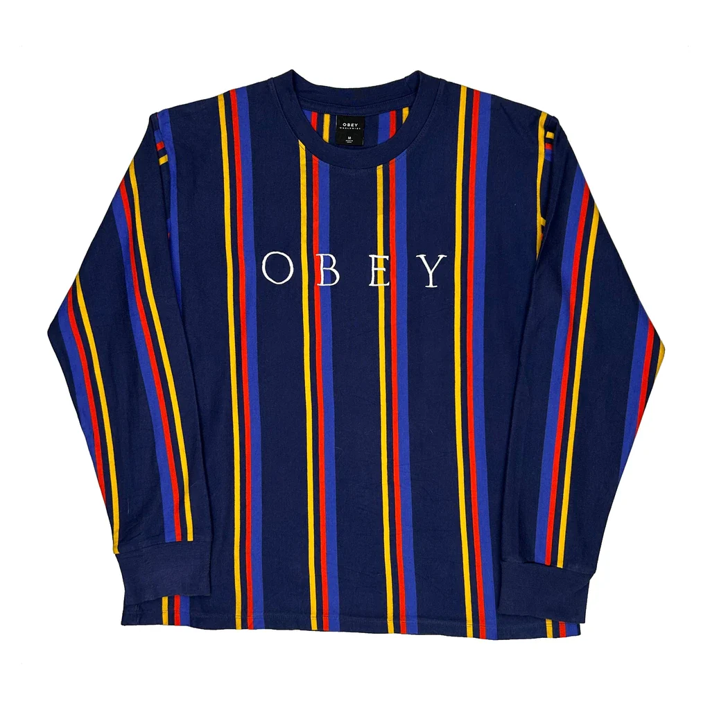 Obey Striped Long Sleeve T-Shirt - Medium Blue Cotton