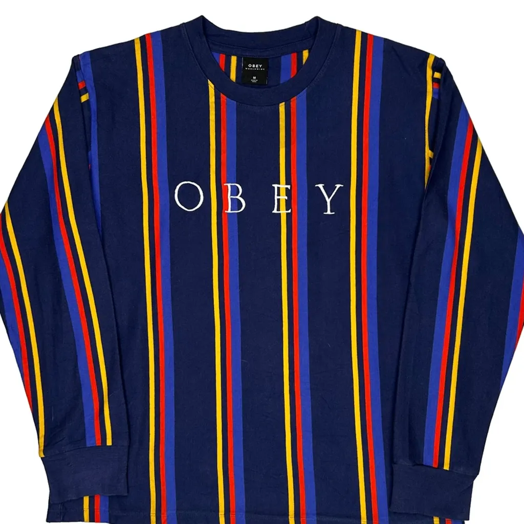 Obey Striped Long Sleeve T-Shirt - Medium Blue Cotton - Image 4
