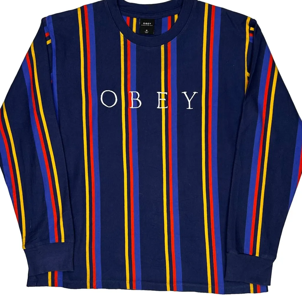 Obey Striped Long Sleeve T-Shirt - Medium Blue Cotton - Image 5