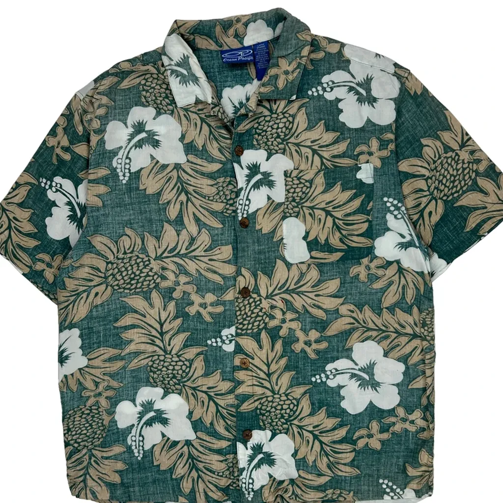 Ocean Pacific Floral Hawaiian Shirt - Large Green Viscose - Image 5