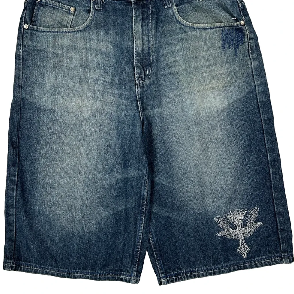 Old Skool Baggy Graphic Y2K Denim Shorts - 36W 13L Blue Cotton Blend - Image 10