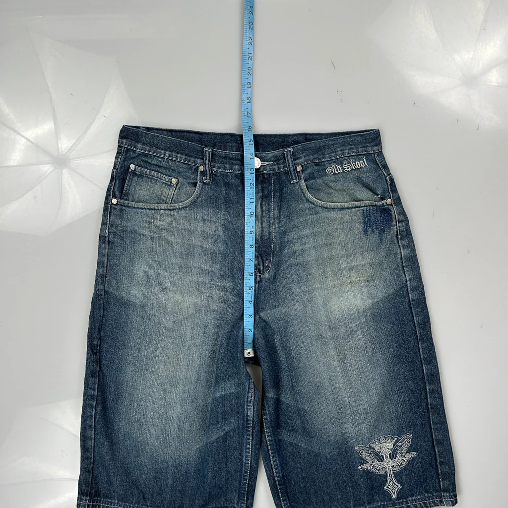 Old Skool Baggy Graphic Y2K Denim Shorts - 36W 13L Blue Cotton Blend - Image 3