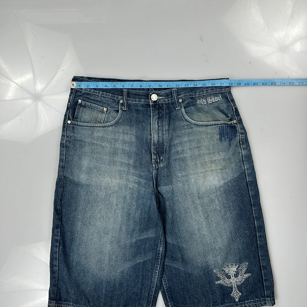 Old Skool Baggy Graphic Y2K Denim Shorts - 36W 13L Blue Cotton Blend - Image 4