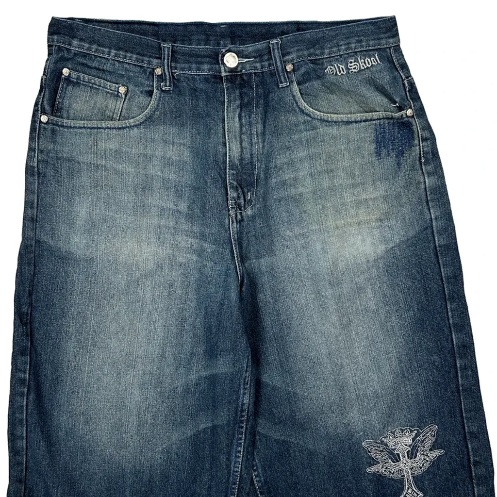 Old Skool Baggy Graphic Y2K Denim Shorts - 36W 13L Blue Cotton Blend - Image 9