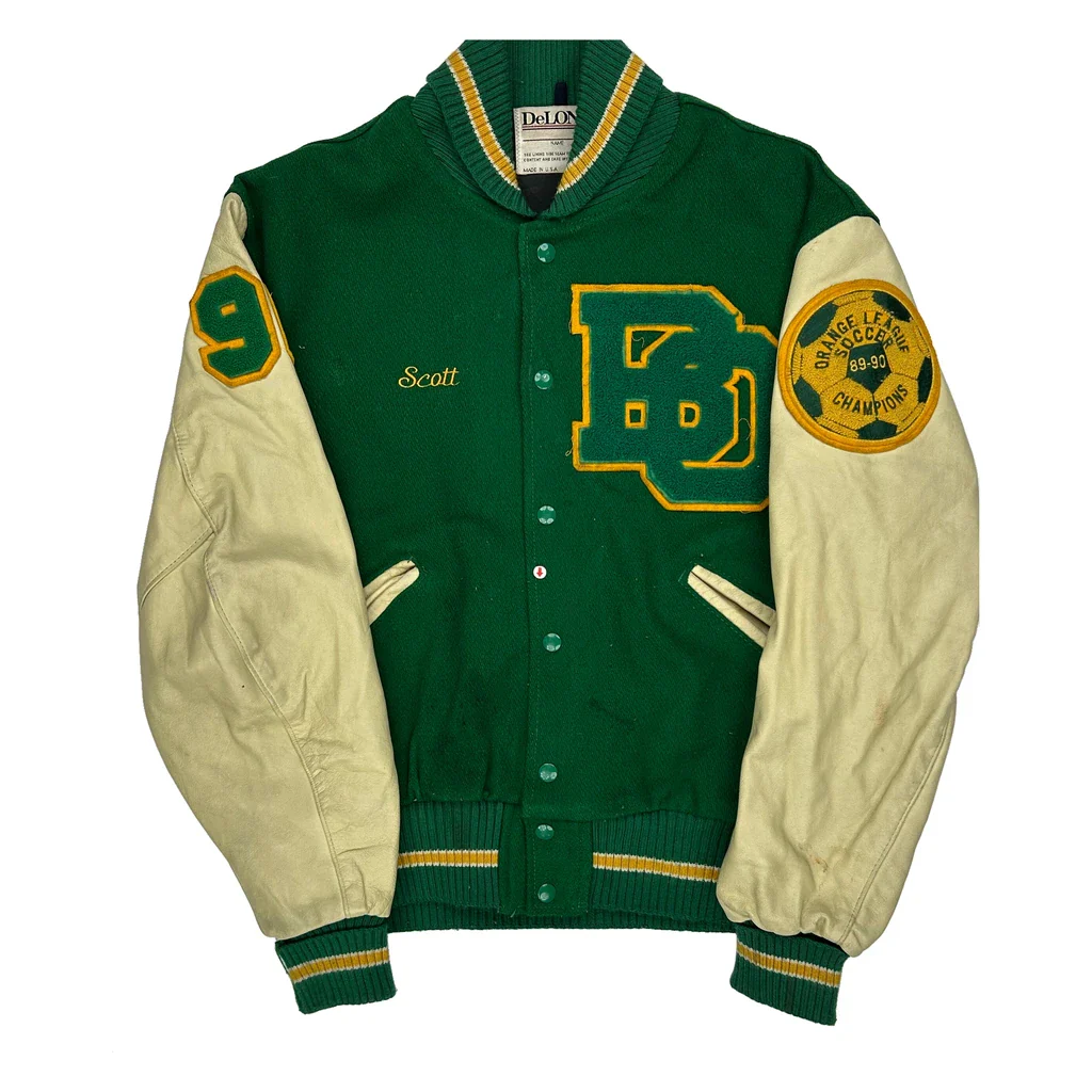 Orange League Soccer Champions 89-90 Delong College Varsity Jacket - Large Green Wool - Image 2