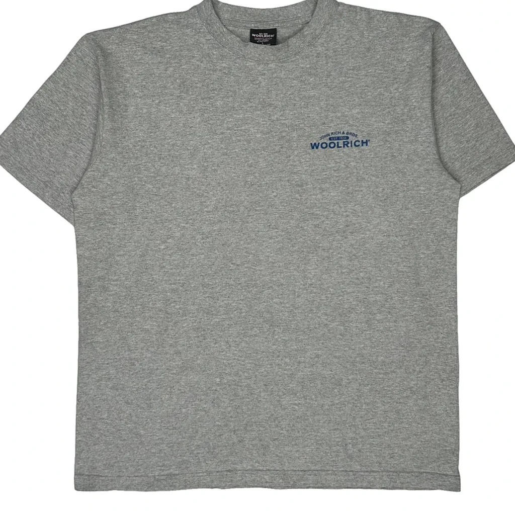 Outdoor Hiking Graphic Woolrich Graphic T-Shirt - Large Grey Cotton Blend - Image 5