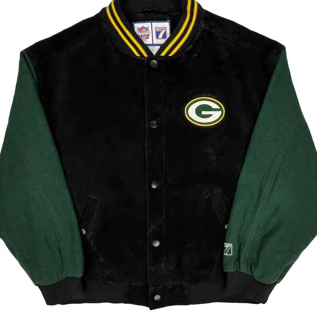 Packers Logo 7 Football Varsity Jacket - Large Black Leather - Image 4