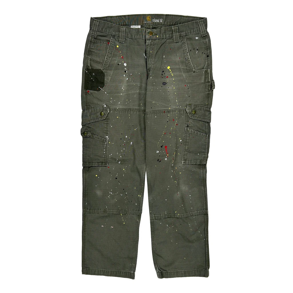 Paint Splattered Carhartt Double Knee Cargo Trousers - 36W 30L Green Cotton - Image 2