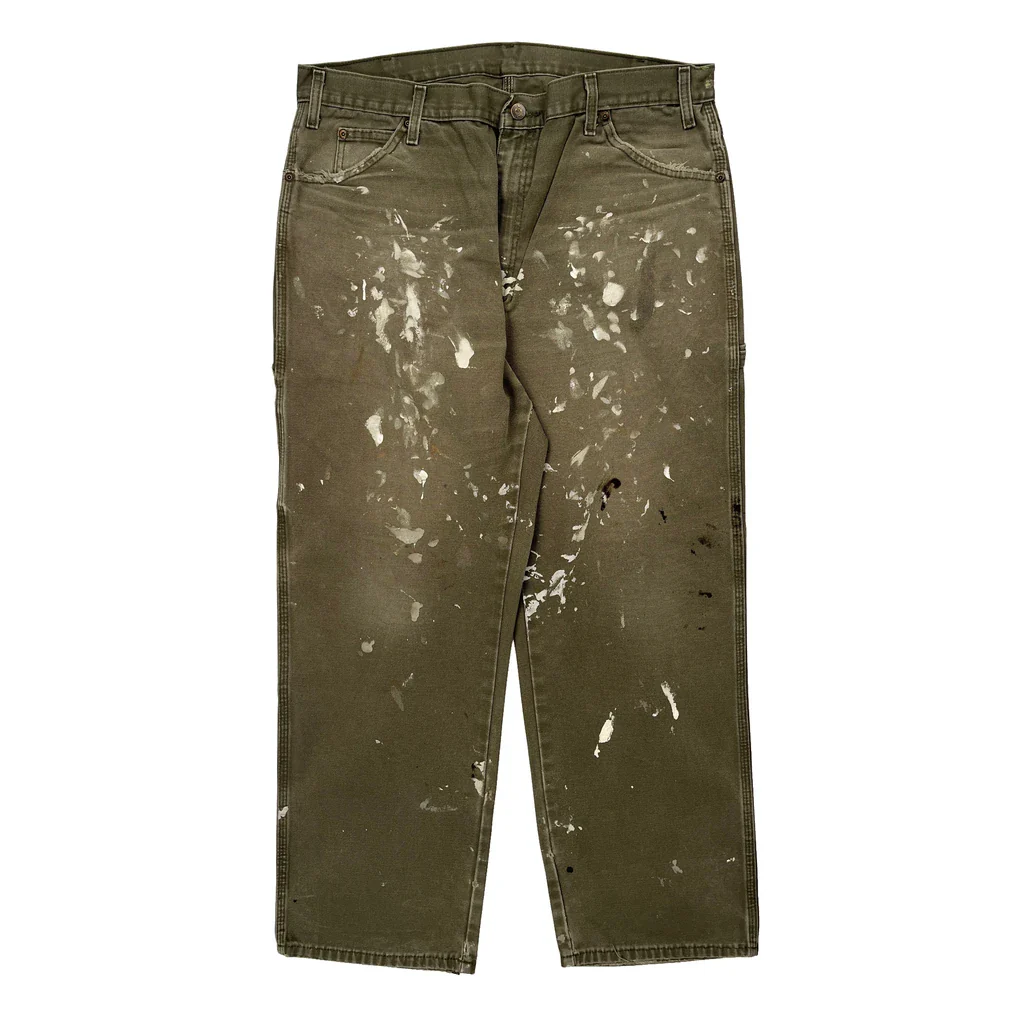 Paint Splatters Dickies Carpenter Trousers - 36W 30L Green Cotton - Image 2