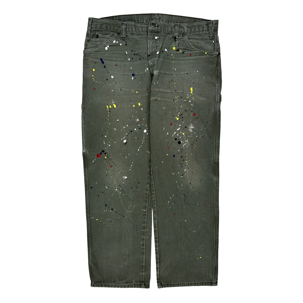 Painted Dickies Carpenter Trousers - 36W 29L Green Cotton - Image 2