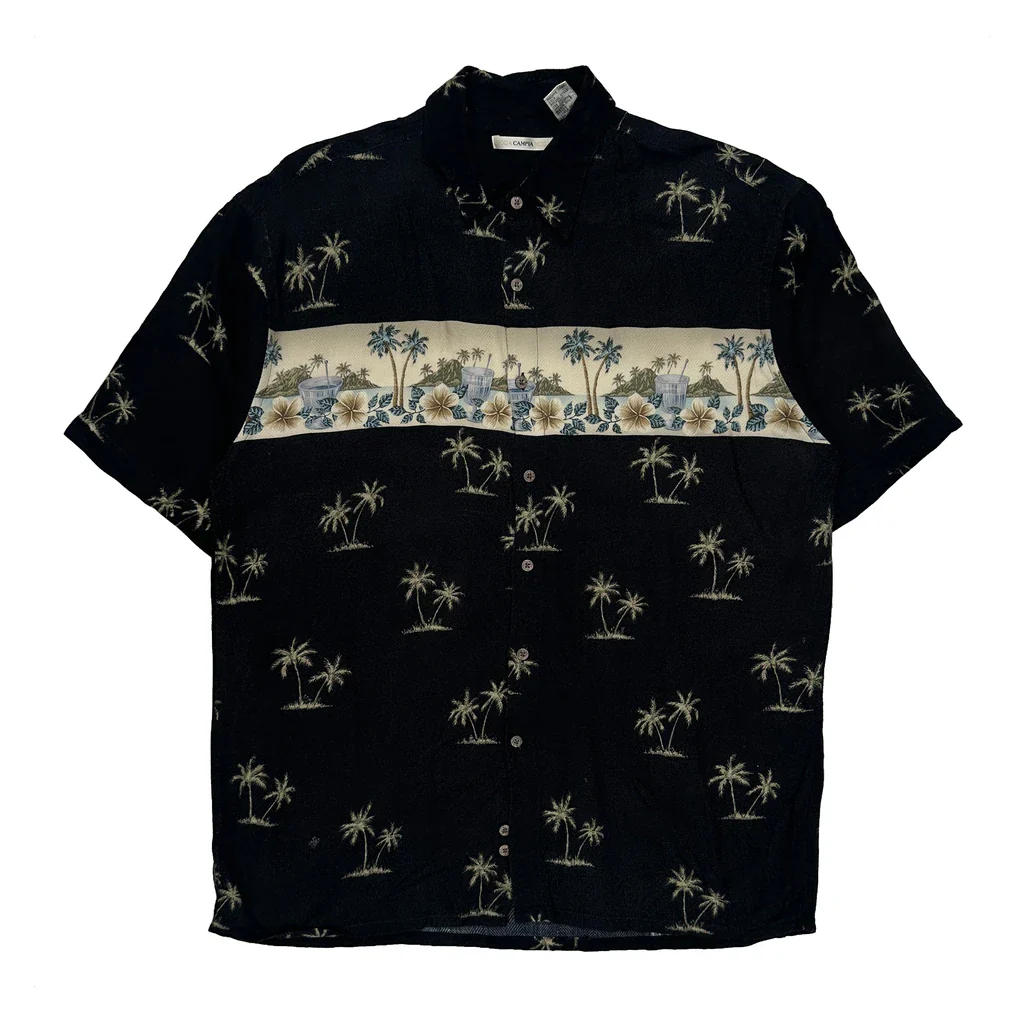 Palm Tree Pattern Campia Floral Hawaiian Shirt - Large Black Viscose