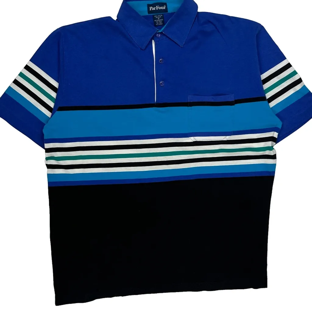 Par Four Striped Polo Shirt - Medium Blue Cotton - Image 4