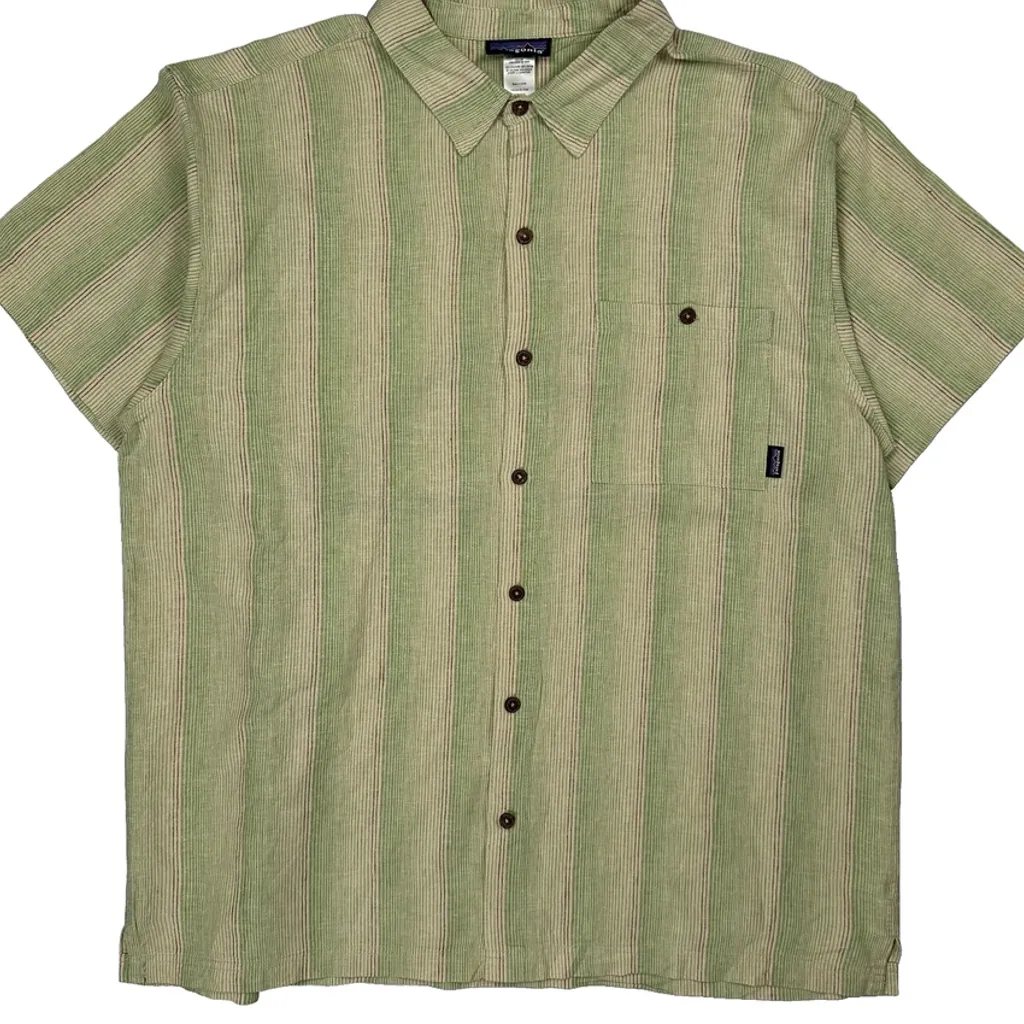 Patagonia Striped Short Sleeve Shirt - XL Green Cotton - Image 4