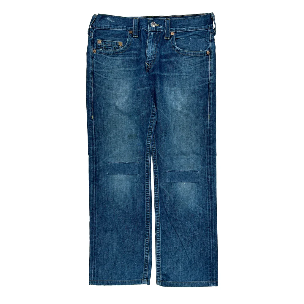 Patched True Religion Loose Straight Jeans - 36W 31L Blue Denim - Image 2