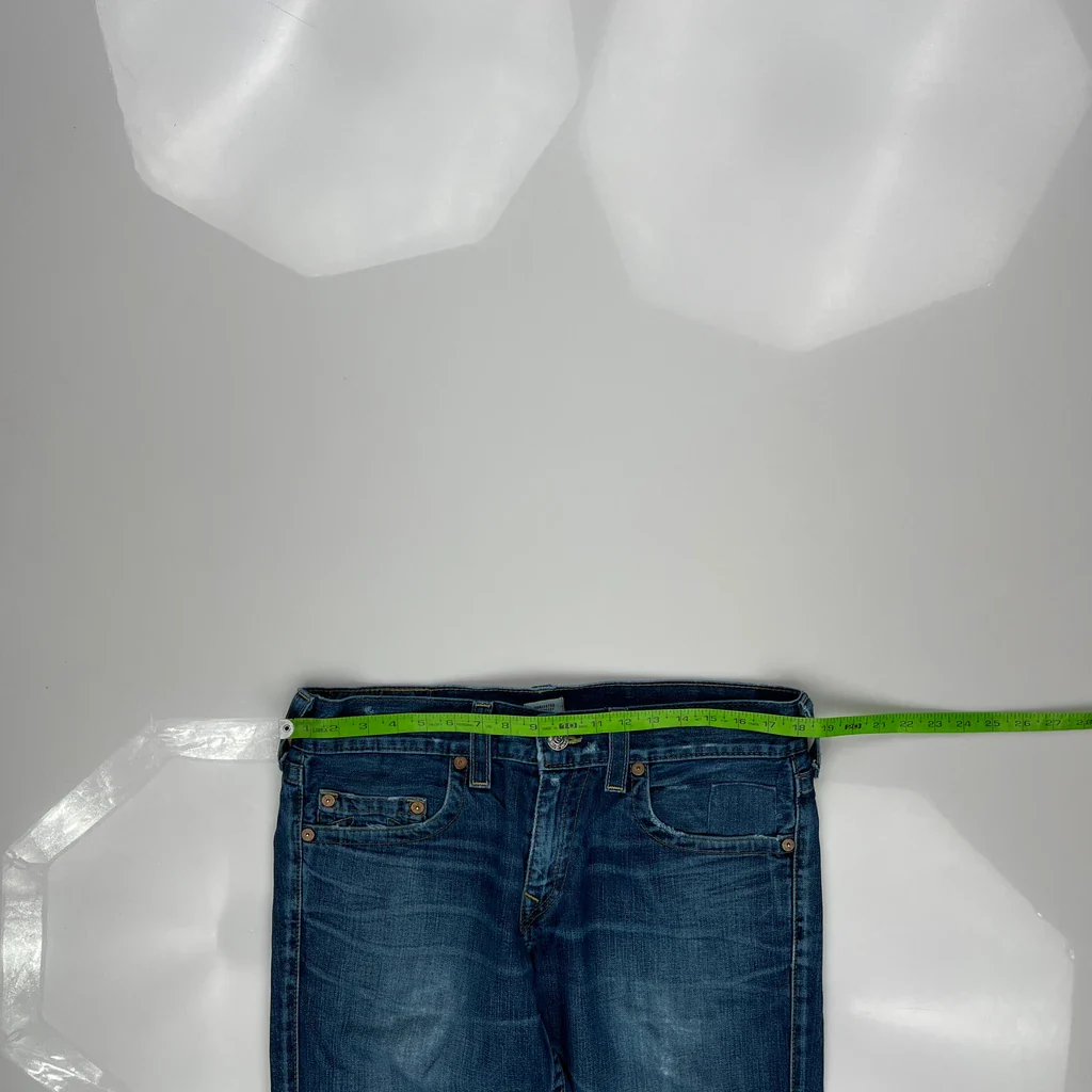 Patched True Religion Loose Straight Jeans - 36W 31L Blue Denim - Image 3