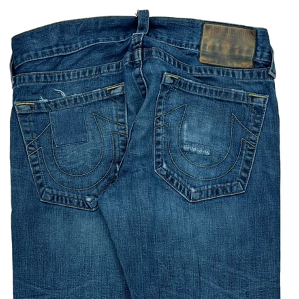Patched True Religion Loose Straight Jeans - 36W 31L Blue Denim - Image 7