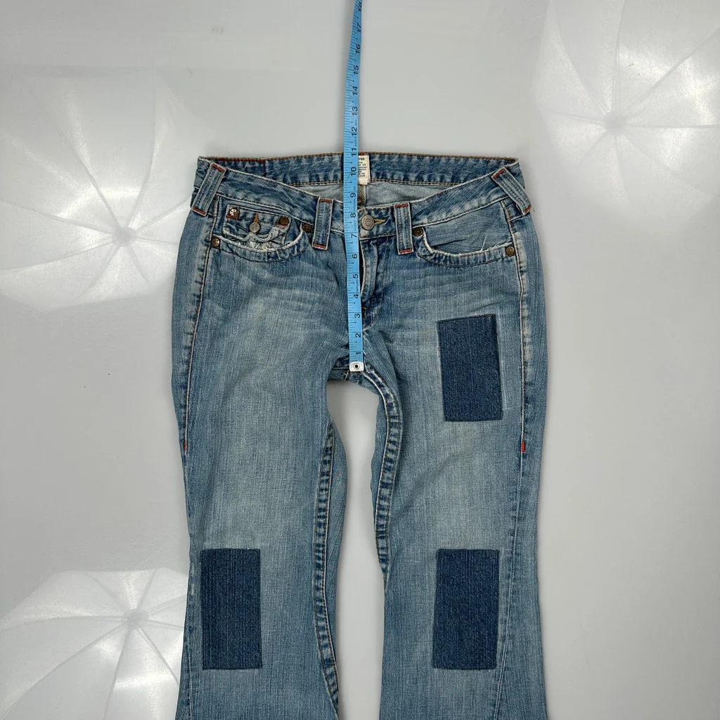 Patchwork True Religion Flared Jeans - 32W US 6 Blue Denim - Image 4