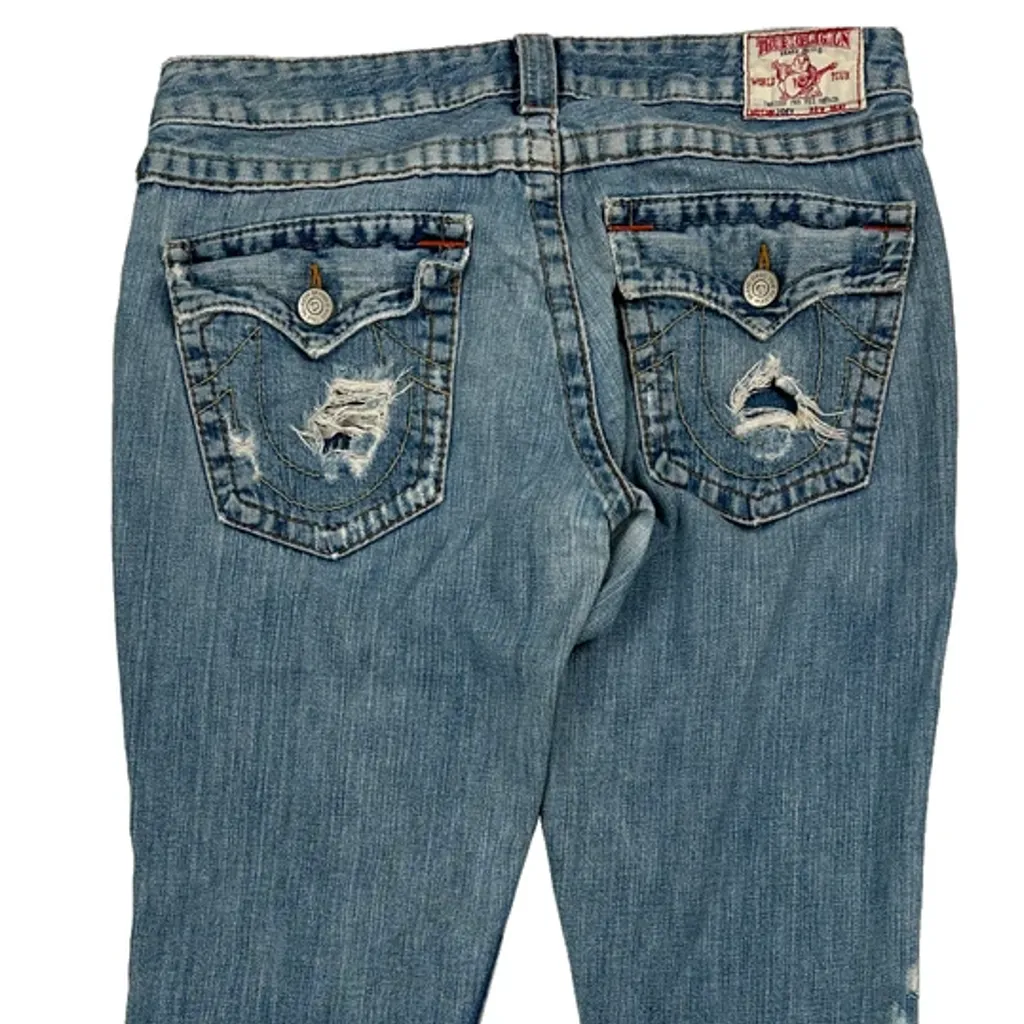 Patchwork True Religion Flared Jeans - 32W US 6 Blue Denim - Image 7