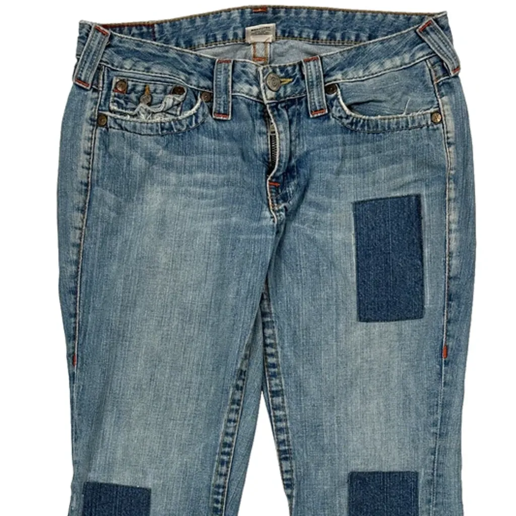 Patchwork True Religion Flared Jeans - 32W US 6 Blue Denim - Image 9